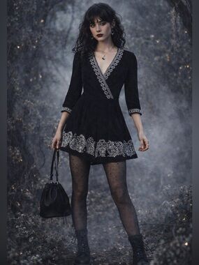 Ann Taylor LOFT XXS Petite black paisley embroidered romper Whimsygoth Fairygoth